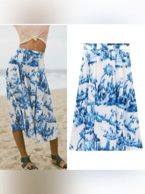 Zara Blue White Landscape Print Toile
Midi Skirt Size S